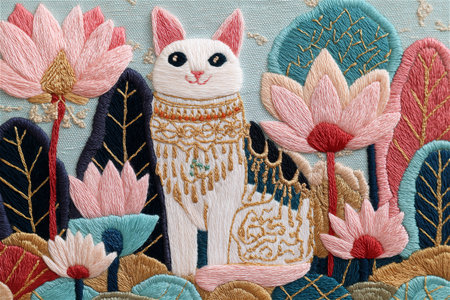 A charming embroidered cat artwork made with colorful threads and intricate floral motifs. The handcrafted design captures the warmth of folk traditions and fine needlework artの素材