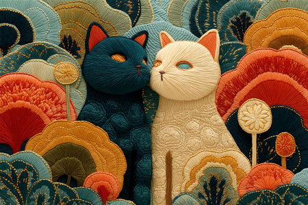 A charming embroidered cat artwork made with colorful threads and intricate floral motifs. The handcrafted design captures the warmth of folk traditions and fine needlework artの素材