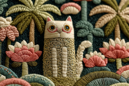 Vibrant hand embroidery artwork featuring a whimsical cat surrounded by flowers and leaves, stitched on natural linen fabric with detailed thread textures and folk art style designの素材