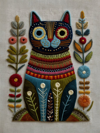 Vibrant hand embroidery artwork featuring a whimsical cat surrounded by flowers and leaves, stitched on natural linen fabric with detailed thread textures and folk art style designの素材