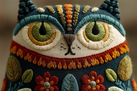 Artistic embroidery of an owl in folk art style, featuring vivid thread colors and symmetrical floral decorations.の素材