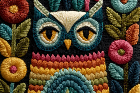 Artistic embroidery of an owl in folk art style, featuring vivid thread colors and symmetrical floral decorations. This hand-stitched textile piece combines traditional craftの素材