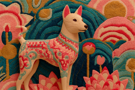 Vibrant embroidery artwork of a stylized dog adorned with pink, teal, and gold thread patterns. The background features floral and wave motifs inspired by traditional textile art.の素材