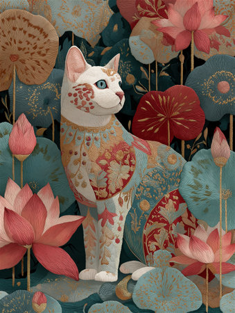 Vibrant hand embroidery artwork featuring a whimsical cat surrounded by flowers and leaves, stitched on natural linen fabric with detailed thread textures and folk art style designの素材