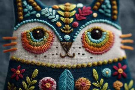 Artistic embroidery of an owl in folk art style, featuring vivid thread colors and symmetrical floral decorations. This hand-stitched textile piece combines traditional craftの素材