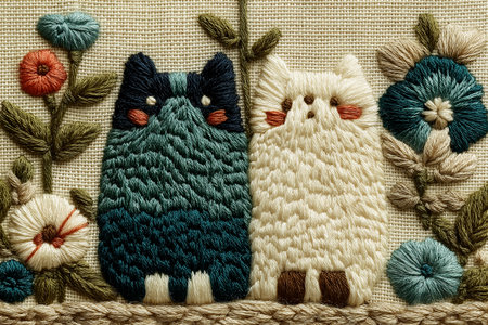 Unique folk-inspired embroidery art featuring a stylized cat with symmetrical floral motifs, blending modern color harmony with traditional stitching on neutral linenの素材