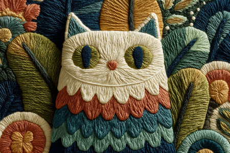 Artistic embroidery of an owl in folk art style, featuring vivid thread colors and symmetrical floral decorations.の素材