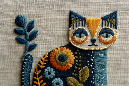 Vibrant hand embroidery artwork featuring a whimsical cat surrounded by flowers and leaves, stitched on natural linen fabric with detailed thread textures and folk art style designの素材