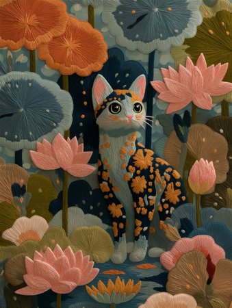 Artistic hand embroidery depicting a cute stylized cat with vibrant floral decorations. The piece combines traditional craftsmanship with modern folk art aestheticsの素材