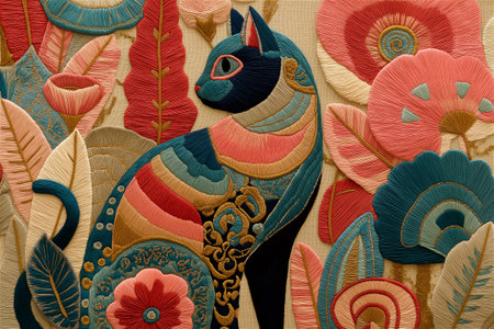 Artistic hand embroidery depicting a cute stylized cat with vibrant floral decorations. The piece combines traditional craftsmanship with modern folk art aestheticsの素材