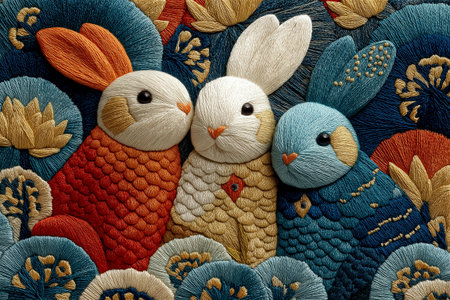 Handcrafted embroidery artwork featuring a white rabbit with vibrant patterns and floral accents. The intricate stitching and warm tones express gentle charm and artisticの素材