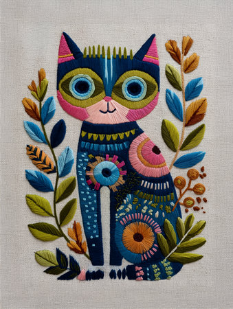 Vibrant hand embroidery artwork featuring a whimsical cat surrounded by flowers and leaves, stitched on natural linen fabric with detailed thread textures and folk art style designの素材