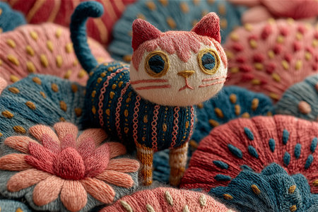 Artistic hand embroidery depicting a cute stylized cat with vibrant floral decorations. The piece combines traditional craftsmanship with modern folk art aestheticsの素材
