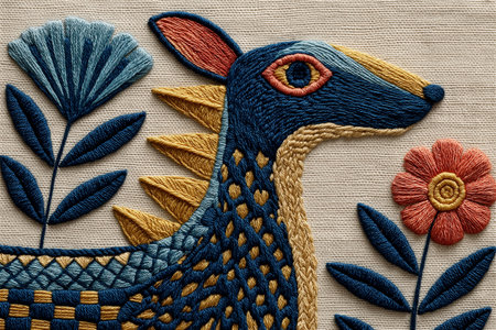 Vibrant embroidery artwork of a stylized dog adorned with pink, teal, and gold thread patterns. The background features floral and wave motifs inspired by traditional textile art.の素材