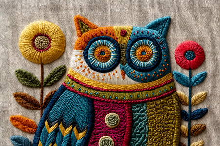 Artistic embroidery of an owl in folk art style, featuring vivid thread colors and symmetrical floral decorations. This hand-stitched textile piece combines traditional craftの素材