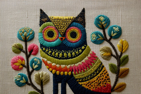 Artistic hand embroidery depicting a cute stylized cat with vibrant floral decorations. The piece combines traditional craftsmanship with modern folk art aestheticsの素材