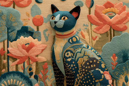 Artistic hand embroidery depicting a cute stylized cat with vibrant floral decorations. The piece combines traditional craftsmanship with modern folk art aestheticsの素材