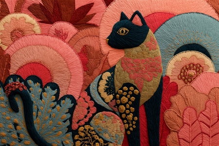 Beautifully detailed folk embroidery showing a cat surrounded by stylized plants and flowers, crafted with rich colors and textures that highlight of traditional textile art.の素材