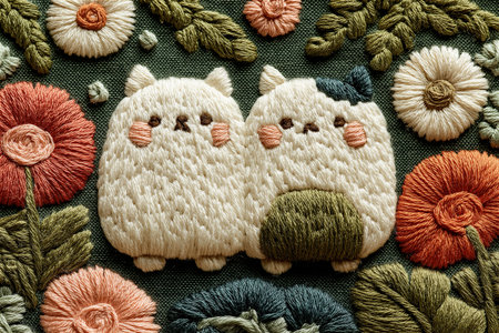 Artistic hand embroidery depicting a cute stylized cat with vibrant floral decorations. The piece combines traditional craftsmanship with modern folk art aestheticsの素材