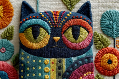 Artistic embroidery of an owl in folk art style, featuring vivid thread colors and symmetrical floral decorations. This hand-stitched textile piece combines traditional craftの素材