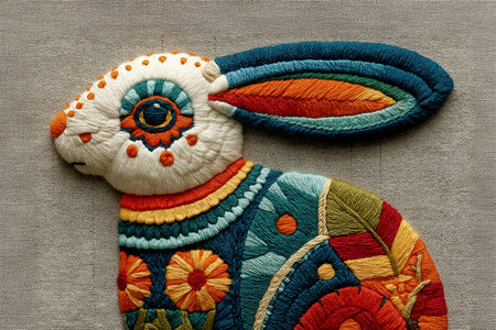 Handcrafted embroidery artwork featuring a white rabbit with vibrant patterns and floral accents. The intricate stitching and warm tones express gentle charm and artisticの素材
