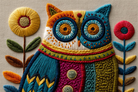 Vibrant hand embroidery artwork featuring a stylized owl surrounded by colorful flowers and leaves, crafted on natural linen fabric with intricate stitching folk art inspiration.の素材