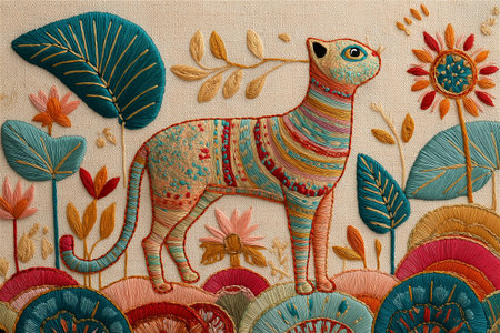 Vibrant hand embroidery artwork featuring a whimsical cat surrounded by flowers and leaves, stitched on natural linen fabric with detailed thread textures and folk art style designの素材