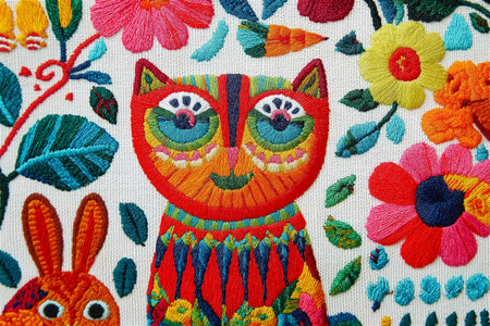 A charming embroidered cat artwork made with colorful threads and intricate floral motifs. The handcrafted design captures the warmth of folk traditionsの素材