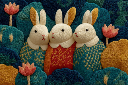 Handcrafted embroidery artwork featuring a white rabbit with vibrant patterns and floral accents. The intricate stitching and warm tones express gentle charm and artisticの素材