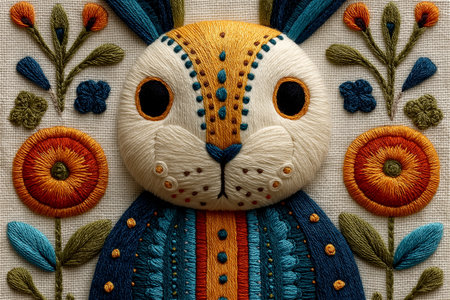 Handcrafted embroidery artwork featuring a white rabbit with vibrant patterns and floral accents. The intricate stitching and warm tones express gentle charm and artisticの素材