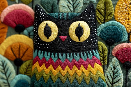Vibrant hand embroidery artwork featuring a stylized owl surrounded by colorful flowers and leaves, crafted on natural linen fabric with intricate stitching folk art inspiration.の素材