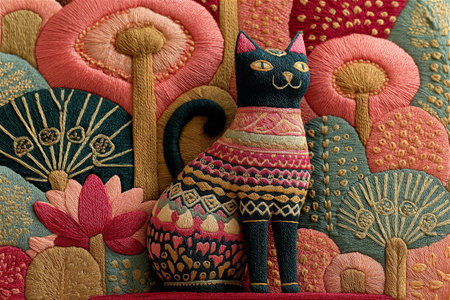 A charming embroidered cat artwork made with colorful threads and intricate floral motifs. The handcrafted design captures the warmth of folk traditionsの素材