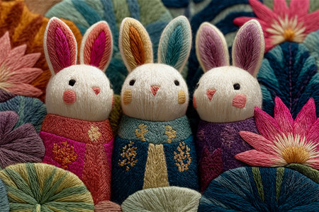 Handcrafted embroidery artwork featuring a white rabbit with vibrant patterns and floral accents. The intricate stitching and warm tones express gentle charm and artisticの素材