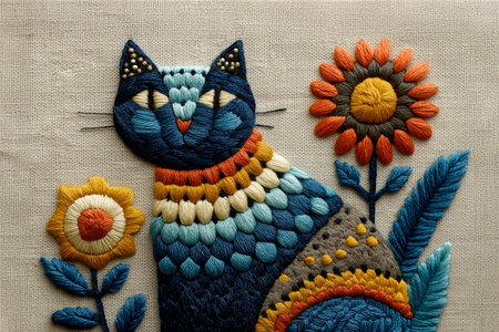 Vibrant hand embroidery artwork featuring a whimsical cat surrounded by flowers and leaves, stitched on natural linen fabric with detailed thread textures and folk art style designの素材