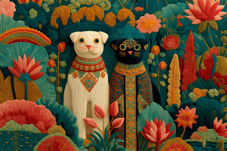 Vibrant hand embroidery artwork featuring a whimsical cat surrounded by flowers and leaves, stitched on natural linen fabric with detailed thread textures and folk art style designの素材