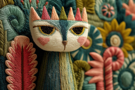 A charming embroidered cat artwork made with colorful threads and intricate floral motifs. The handcrafted design captures the warmth of folk traditionsの素材