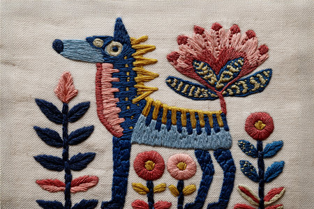 Vibrant embroidery artwork of a stylized dog adorned with pink, teal, and gold thread patterns. The background features floral and wave motifs inspired by traditional textile art.の素材