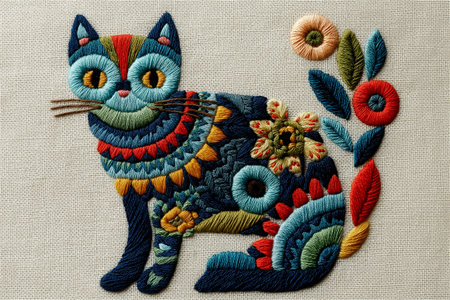 Vibrant hand embroidery artwork featuring a whimsical cat surrounded by flowers and leaves, stitched on natural linen fabric with detailed thread textures and folk art style designの素材