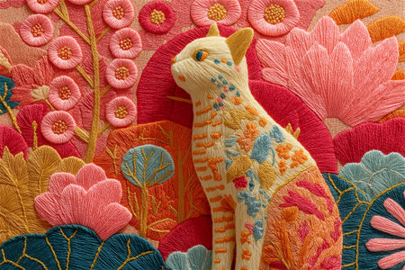 Artistic hand embroidery depicting a cute stylized cat with vibrant floral decorations. The piece combines traditional craftsmanship with modern folk art aestheticsの素材