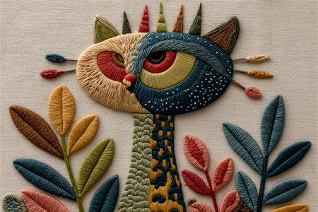 Vibrant hand embroidery artwork featuring a whimsical cat surrounded by flowers and leaves, stitched on natural linen fabric with detailed thread textures and folk art style designの素材