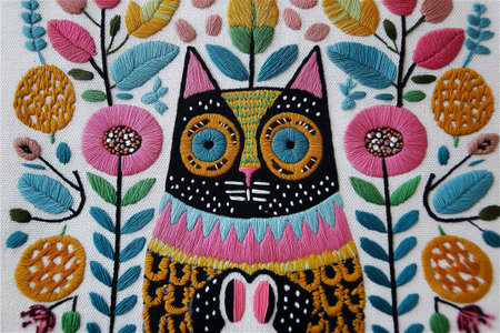 Vibrant hand embroidery artwork featuring a stylized owl surrounded by colorful flowers and leaves, crafted on natural linen fabric with intricate stitching folk art inspiration.の素材
