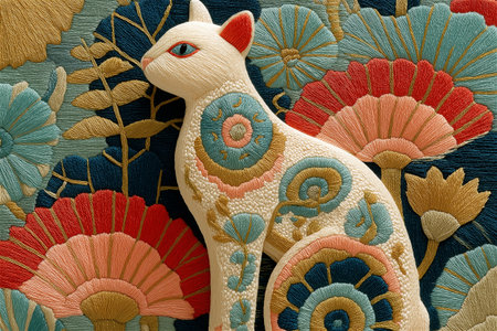 A charming embroidered cat artwork made with colorful threads and intricate floral motifs. The handcrafted design captures the warmth of folk traditions and fine needlework artの素材