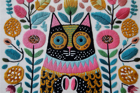 Vibrant hand embroidery artwork featuring a stylized owl surrounded by colorful flowers and leaves, crafted on natural linen fabric with intricate stitchingの素材