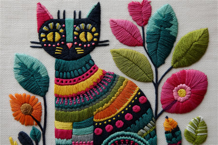 This charming embroidery features a playful cat in modern folk style, made with bright threads and floral accents. The detailed stitches and balanced colors bring warmthの素材