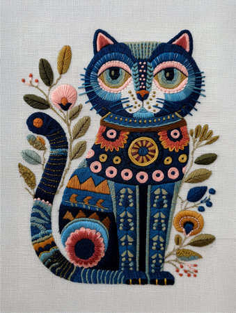 This charming embroidery features a playful cat in modern folk style, made with bright threads and floral accents. The detailed stitches and balanced colors bring warmthの素材