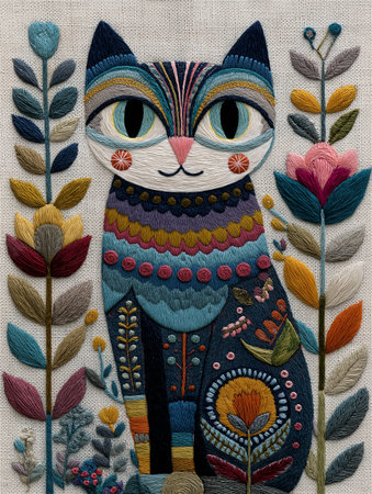 This charming embroidery features a playful cat in modern folk style, made with bright threads and floral accents. The detailed stitches and balanced colors bring warmthの素材