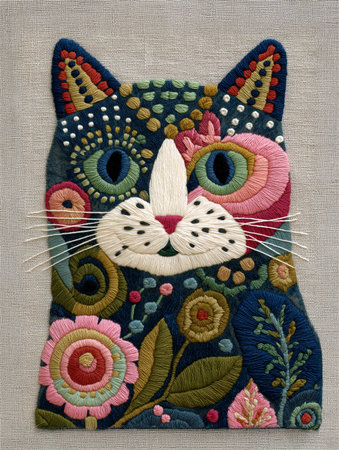 A handcrafted embroidery artwork of a cat surrounded by botanical forms, blending vivid colors and detailed stitching. Inspired by folk art traditions, it celebrates creativity,の素材