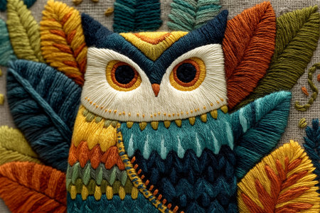 Vibrant hand embroidery artwork featuring a stylized owl surrounded by colorful flowers and leaves, crafted on natural linen fabric with intricate stitchingの素材