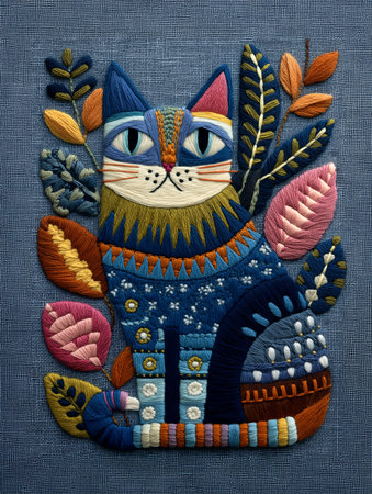 A handcrafted embroidery artwork of a cat surrounded by botanical forms, blending vivid colors and detailed stitching. Inspired by folk art traditions, it celebrates creativity,の素材