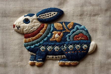 An intricately embroidered rabbit made with soft threads on linen fabric, inspired by folk traditions and floral beauty. The artwork celebrates the harmony between natureの素材